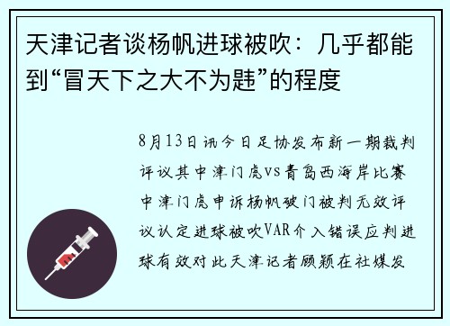 天津记者谈杨帆进球被吹：几乎都能到“冒天下之大不为韪”的程度